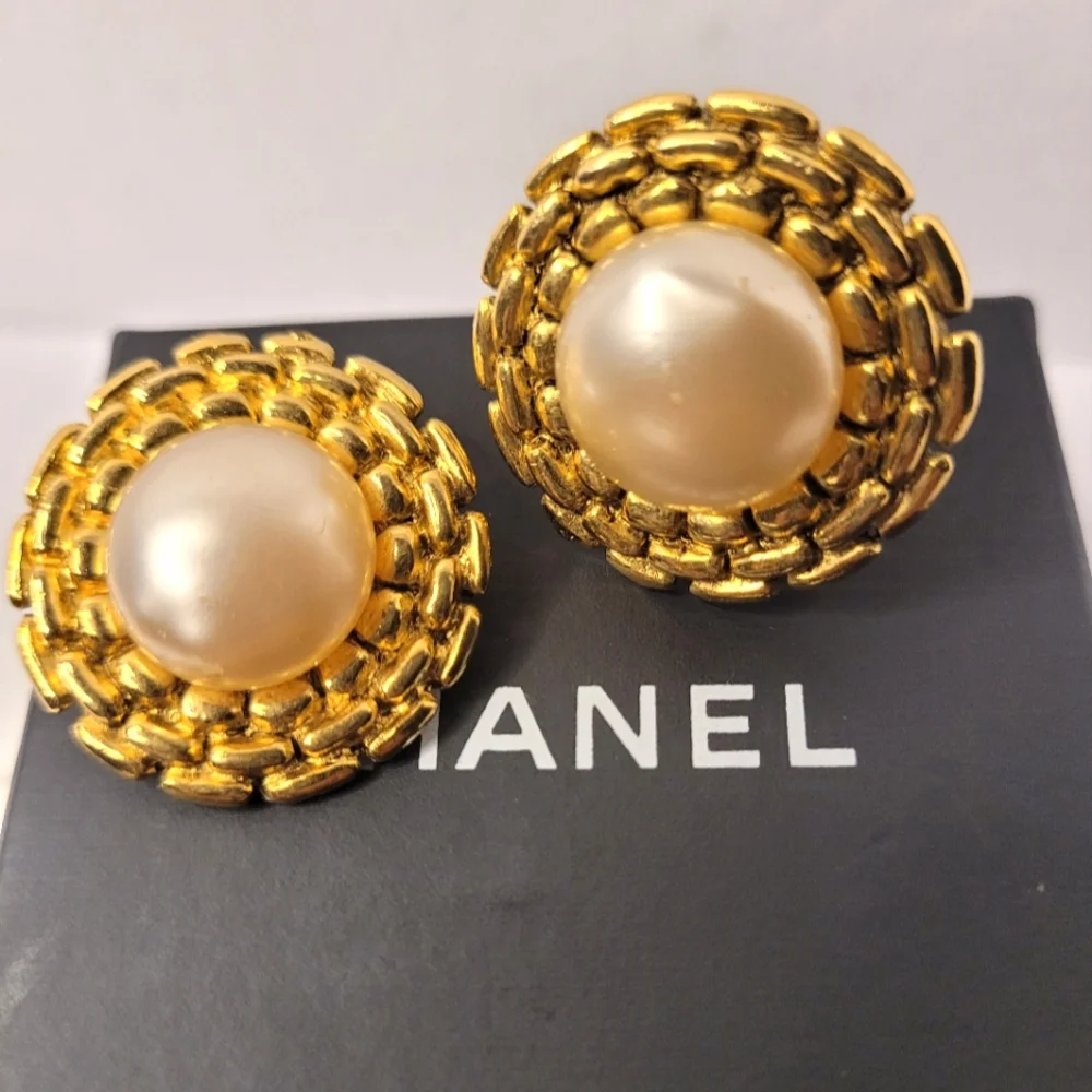 Chanel Gold-Tone Vintage Faux Pearl Clip Earrings